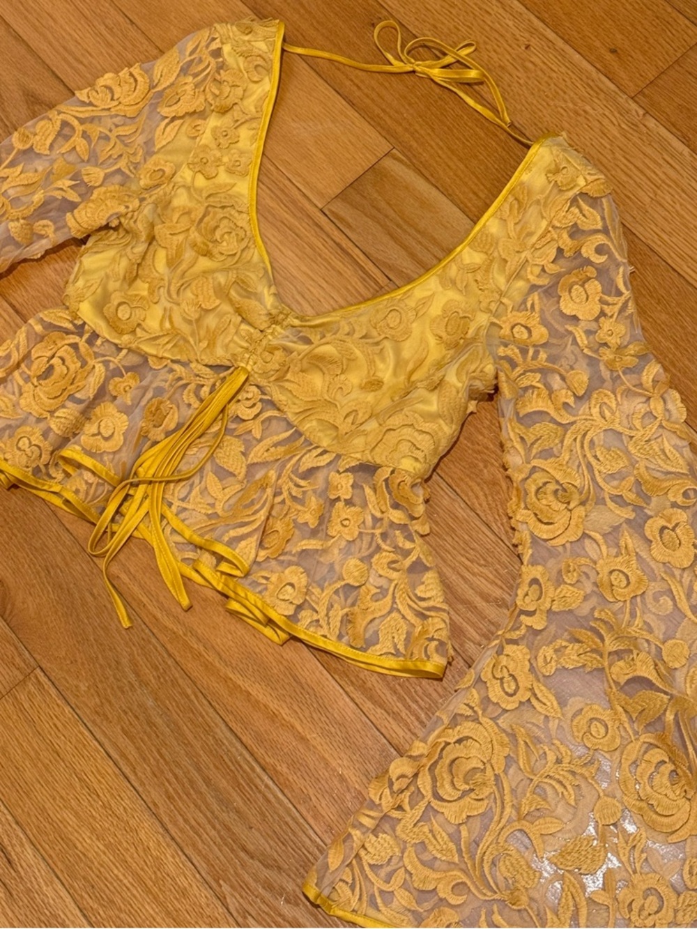 Lovers + Friends Yellow Lace Peplum Tie-Back Blouse